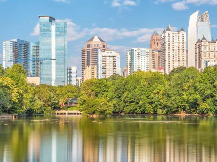 Midtown Atlanta, Georgia across a lake.