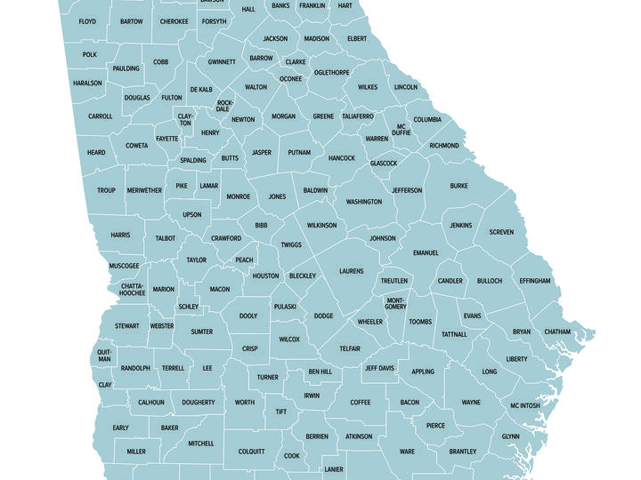 Map of U.S. state of Georgia with outlines of county boundaries and county names.